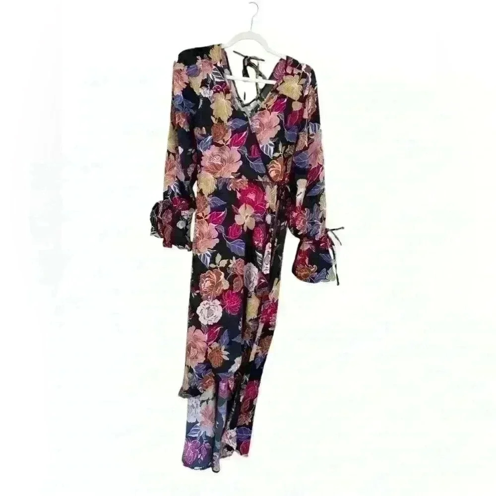 Band of the Free wrap dark floral maxi dress. Sz XS. Shorter in front. NWT.